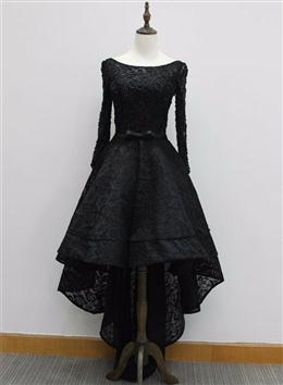 Picture of Long Sleeves Lace High Low Party Dresses , Beaded Black Color Evening Dresses